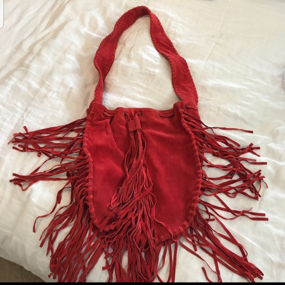 Red suede boho fringe bag
